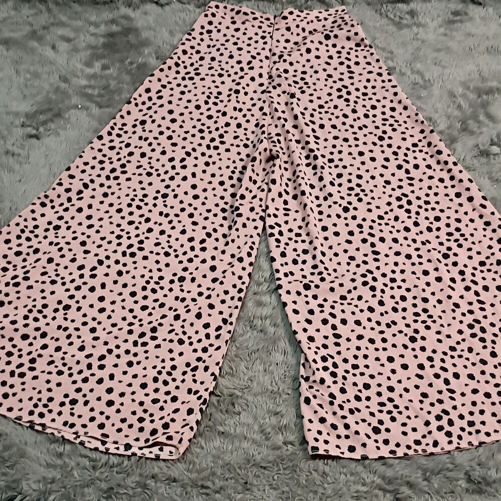 SHEIN Women's Pink Black Polka Dot Wide-Leg Pants High Rise Elastic Waist S